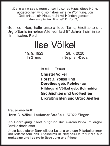 Traueranzeige von Ilse Völkel von Siegener Zeitung