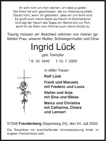 Traueranzeige von Ingrid Lück von Siegener Zeitung