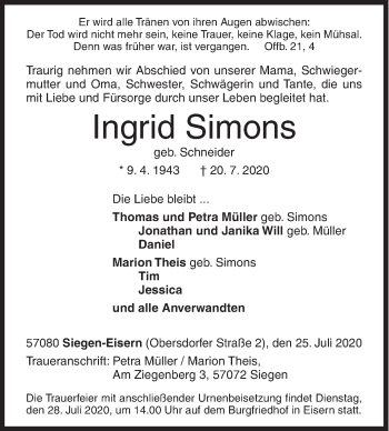 Traueranzeige von Ingrid Simons von Siegener Zeitung
