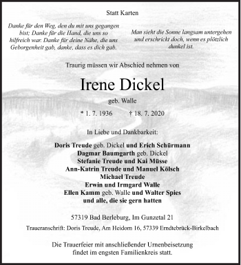 Traueranzeige von Irene Dickel von Siegener Zeitung