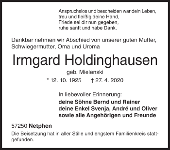 Traueranzeige von Irmgard Holdinghausen von Siegener Zeitung