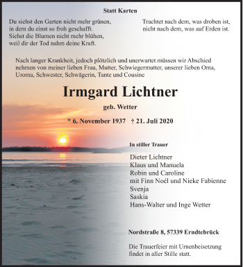 Traueranzeige von Irmgard Lichtner von Siegener Zeitung
