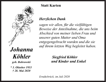 Traueranzeige von Johanna Köhler von Siegener Zeitung