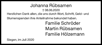 Traueranzeige von Johanna Rübsamen von Siegener Zeitung