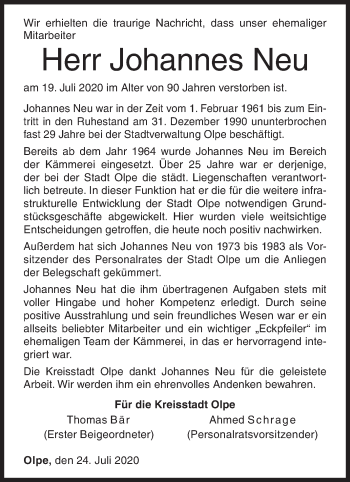 Traueranzeige von Johannes Neu von Siegener Zeitung