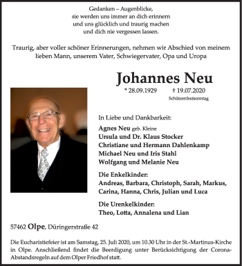 Traueranzeige von Johannes Neu von Siegener Zeitung