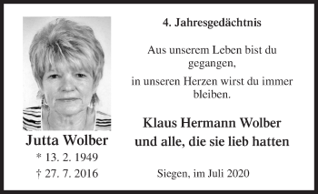 Traueranzeige von Jutta Wolber von Siegener Zeitung