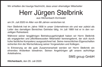 Traueranzeige von Jürgen Stelbrink von Siegener Zeitung