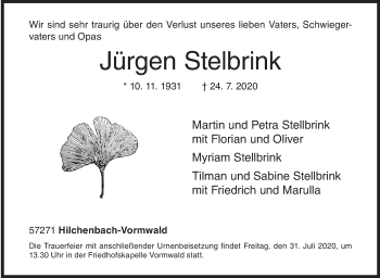 Traueranzeige von Jürgen Stelbrink von Siegener Zeitung