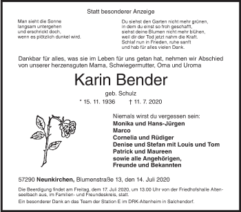 Traueranzeige von Karin Bender von Siegener Zeitung