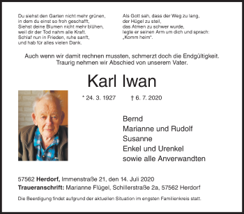 Traueranzeige von Karl Iwan von Siegener Zeitung