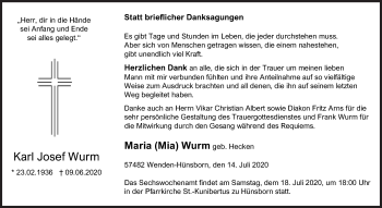 Traueranzeige von Karl Josef Wurm von Siegener Zeitung