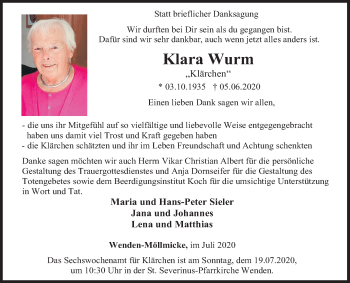 Traueranzeige von Klara Wurm von Siegener Zeitung