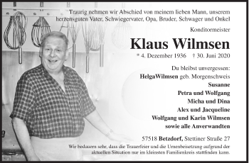 Traueranzeige von Klaus Wilmsen von Siegener Zeitung