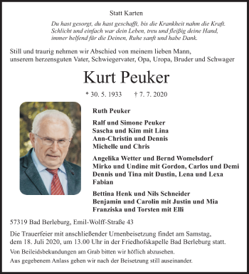 Traueranzeige von Kurt Peuker von Siegener Zeitung