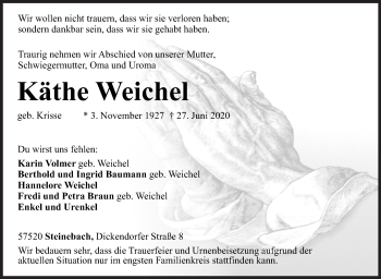 Traueranzeige von Käthe Weichel von Siegener Zeitung