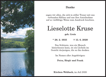 Traueranzeige von Lieselotte Kruse von Siegener Zeitung