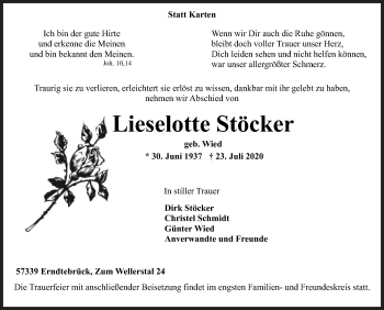 Traueranzeige von Lieselotte Stöcker von Siegener Zeitung