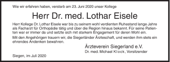 Traueranzeige von Lothar Eisele von Siegener Zeitung