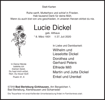 Traueranzeige von Lucie Dickel von Siegener Zeitung