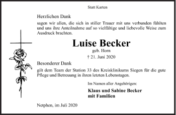 Traueranzeige von Luise Becker von Siegener Zeitung