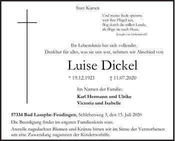 Traueranzeige von Luise Dickel von Siegener Zeitung