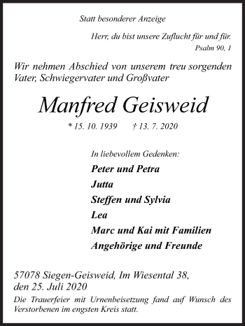 Traueranzeige von Manfred Geisweid von Siegener Zeitung