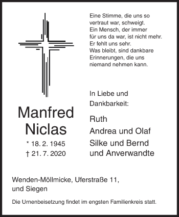 Traueranzeige von Manfred Niclas von Siegener Zeitung