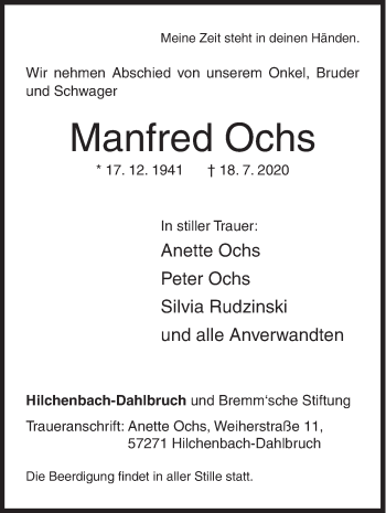 Traueranzeige von Manfred Ochs von Siegener Zeitung