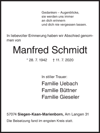 Traueranzeige von Manfred Schmidt von Siegener Zeitung