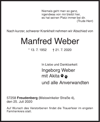 Traueranzeige von Manfred Weber von Siegener Zeitung