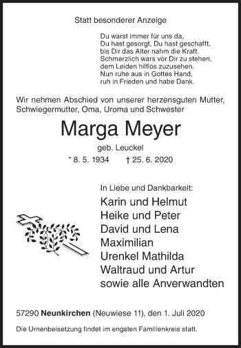 Traueranzeige von Marga Meyer von Siegener Zeitung