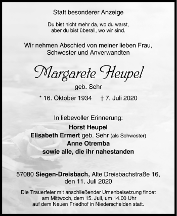 Traueranzeige von Margarete Heupel von Siegener Zeitung
