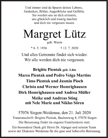 Traueranzeige von Margret Lütz von Siegener Zeitung