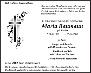Traueranzeige von Maria Baumann von Siegener Zeitung