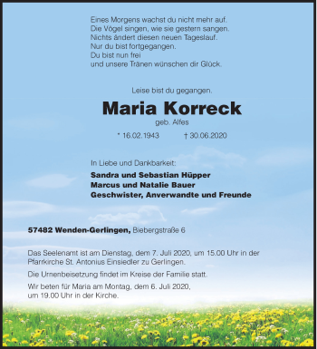 Traueranzeige von Maria Korreck von Siegener Zeitung