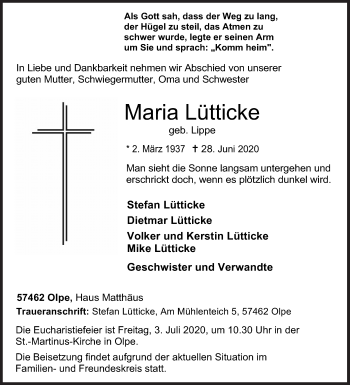 Traueranzeige von Maria Lütticke von Siegener Zeitung