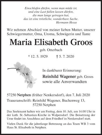 Traueranzeige von Maria Elisabeth Groos von Siegener Zeitung