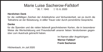 Traueranzeige von Marie Luise Sacherow-Faßdorf von Siegener Zeitung