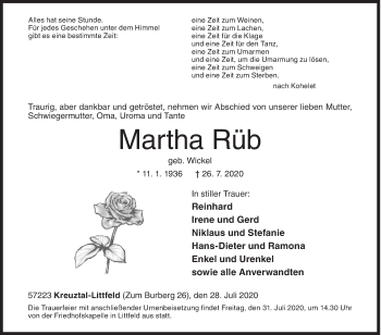 Traueranzeige von Martha Rüb von Siegener Zeitung