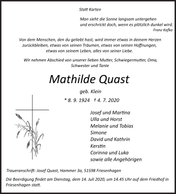Traueranzeige von Mathilde Quast von Siegener Zeitung