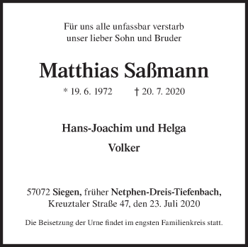 Traueranzeige von Matthias Saßmann von Siegener Zeitung