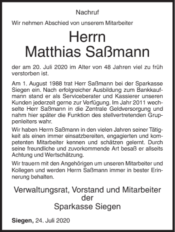 Traueranzeige von Matthias Saßmann von Siegener Zeitung