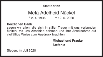 Traueranzeige von Meta Adelheid Nückel von Siegener Zeitung