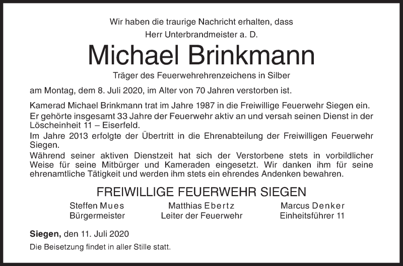  Traueranzeige für Michael Brinkmann vom 11.07.2020 aus Siegener Zeitung