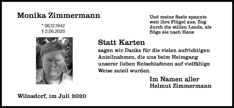  Traueranzeige für Monika Zimmermann vom 08.07.2020 aus Siegener Zeitung