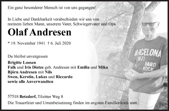 Traueranzeige von Olaf Andresen von Siegener Zeitung