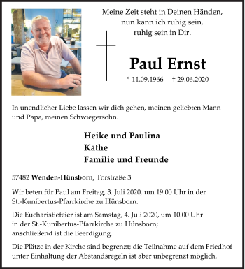 Traueranzeige von Paul Ernst von Siegener Zeitung