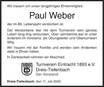 Traueranzeige von Paul Weber von Siegener Zeitung