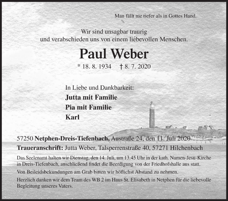  Traueranzeige für Paul Weber vom 11.07.2020 aus Siegener Zeitung